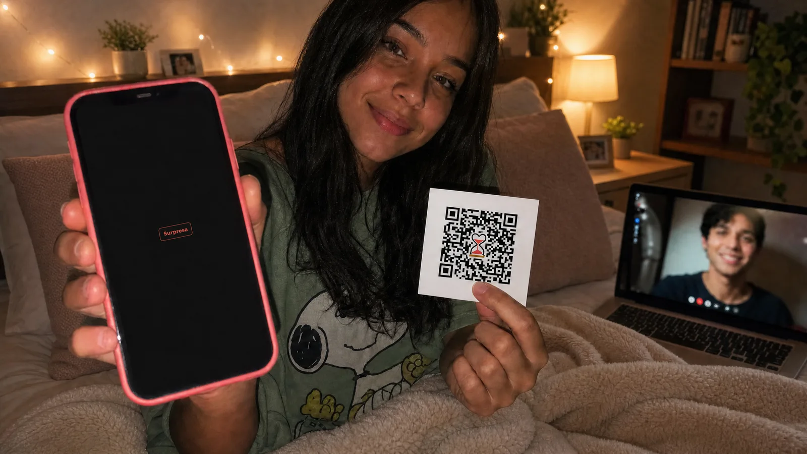 Joven sonriendo en la cama durante una videollamada con su novio, sosteniendo el celular con la sorpresa y una tarjeta impresa con el código QR del regalo